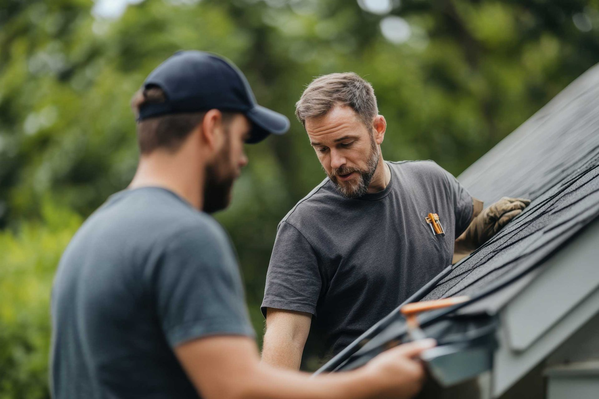 Two roof workers inspecting asphalt shingles during roof installation.