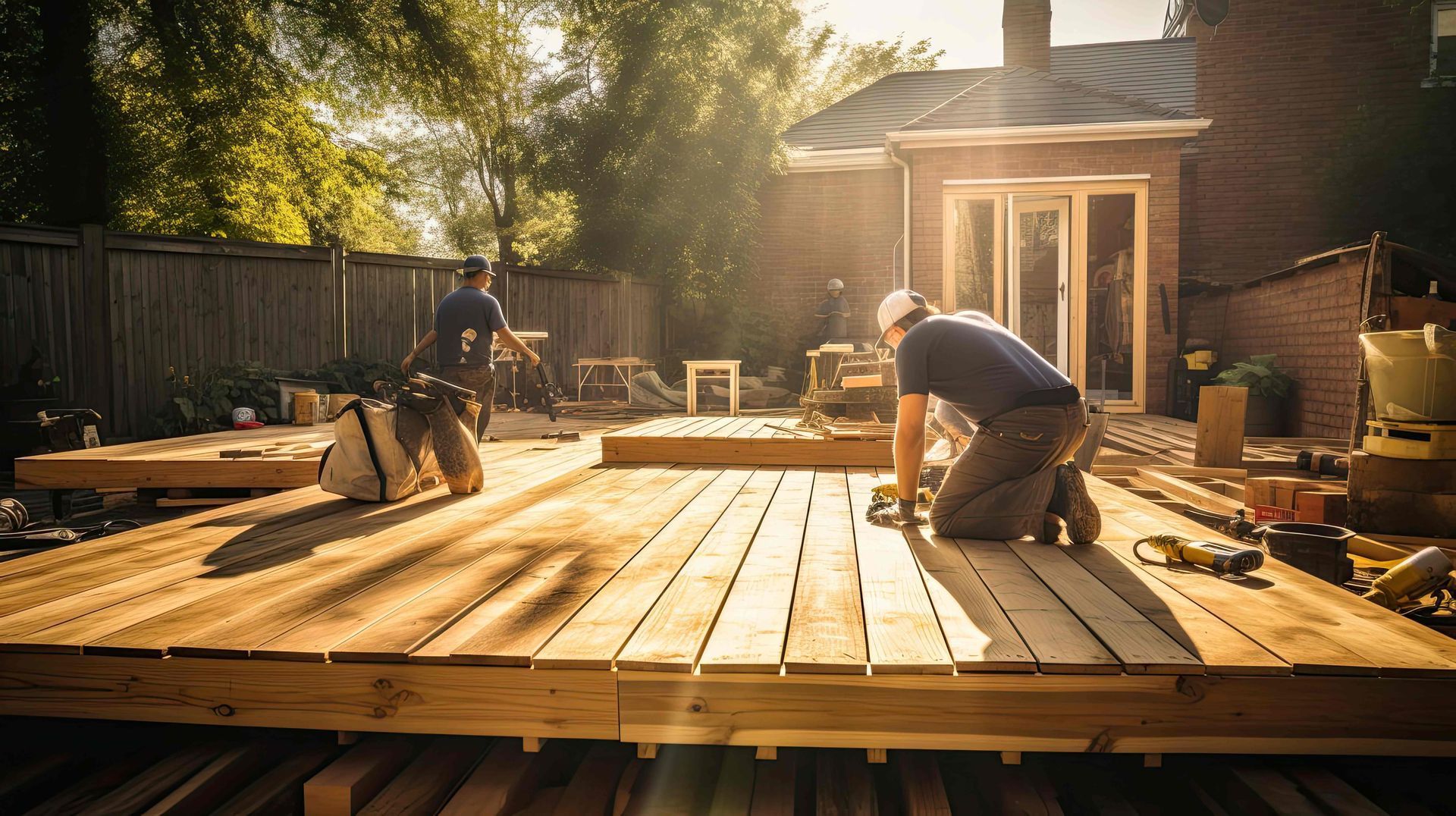 Two contractors building a custom wood deck construction project in a sunlit backyard.