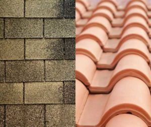 Comparison of asphalt shingles (left) and terracotta roof tiles (right).