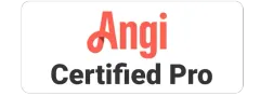 Angi Certified Pro badge in a white rectangle, Angi in red text over black text.