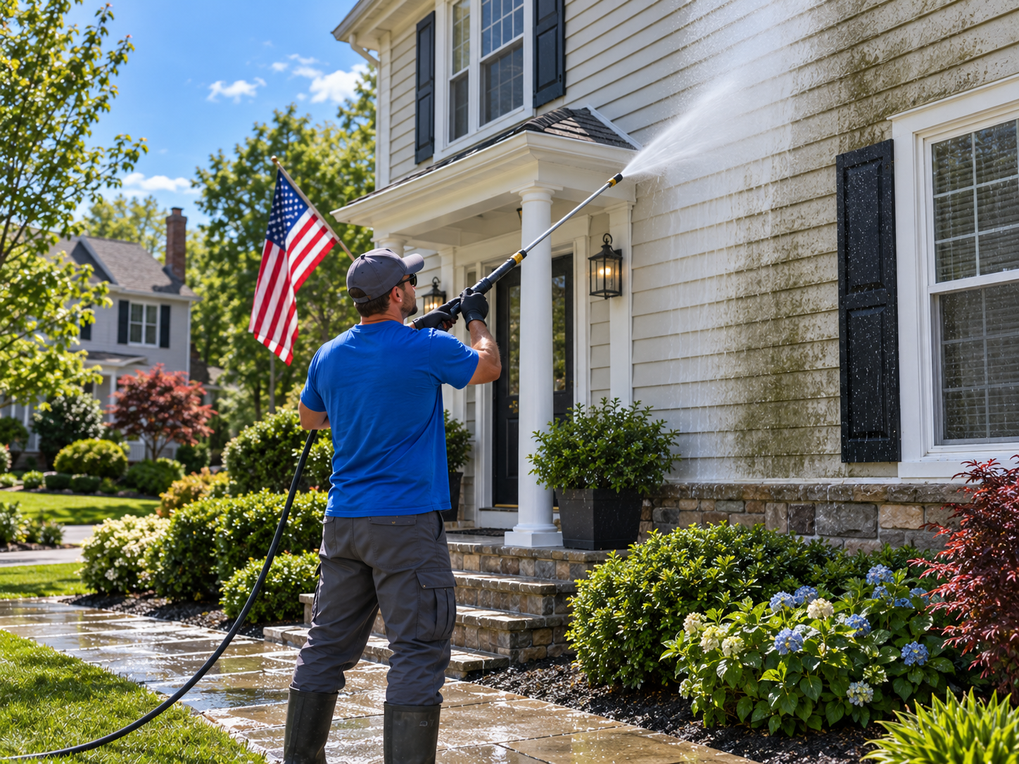 Pressure washing a home to remove dirt and stains in Old Bridge NJ