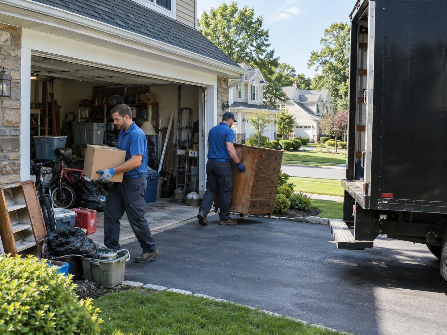 Junk removal crew clearing out a garage in Old Bridge NJ