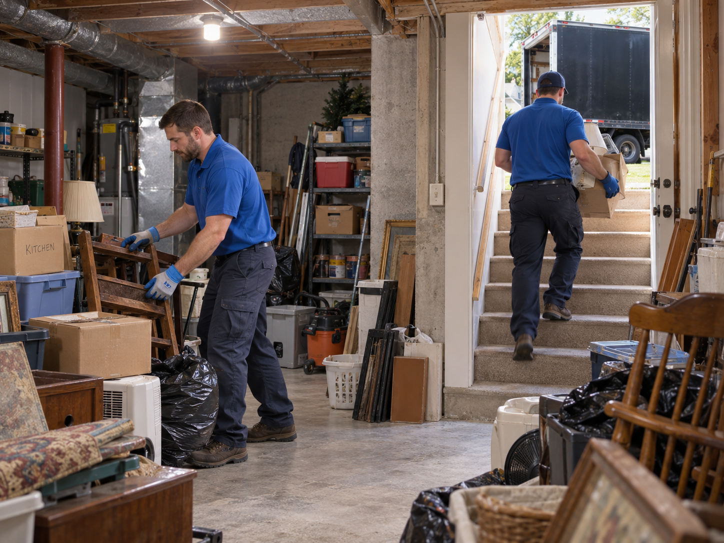 Junk removal crew clearing unwanted items from a basement in Old Bridge NJ