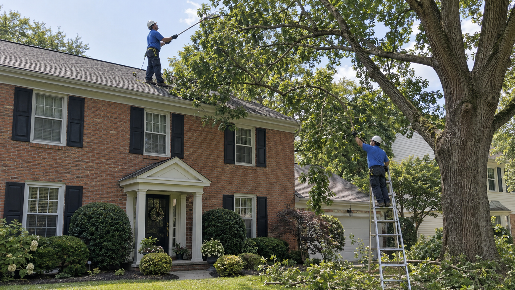 Trimming overgrown tree branches around a home in Old Bridge NJ