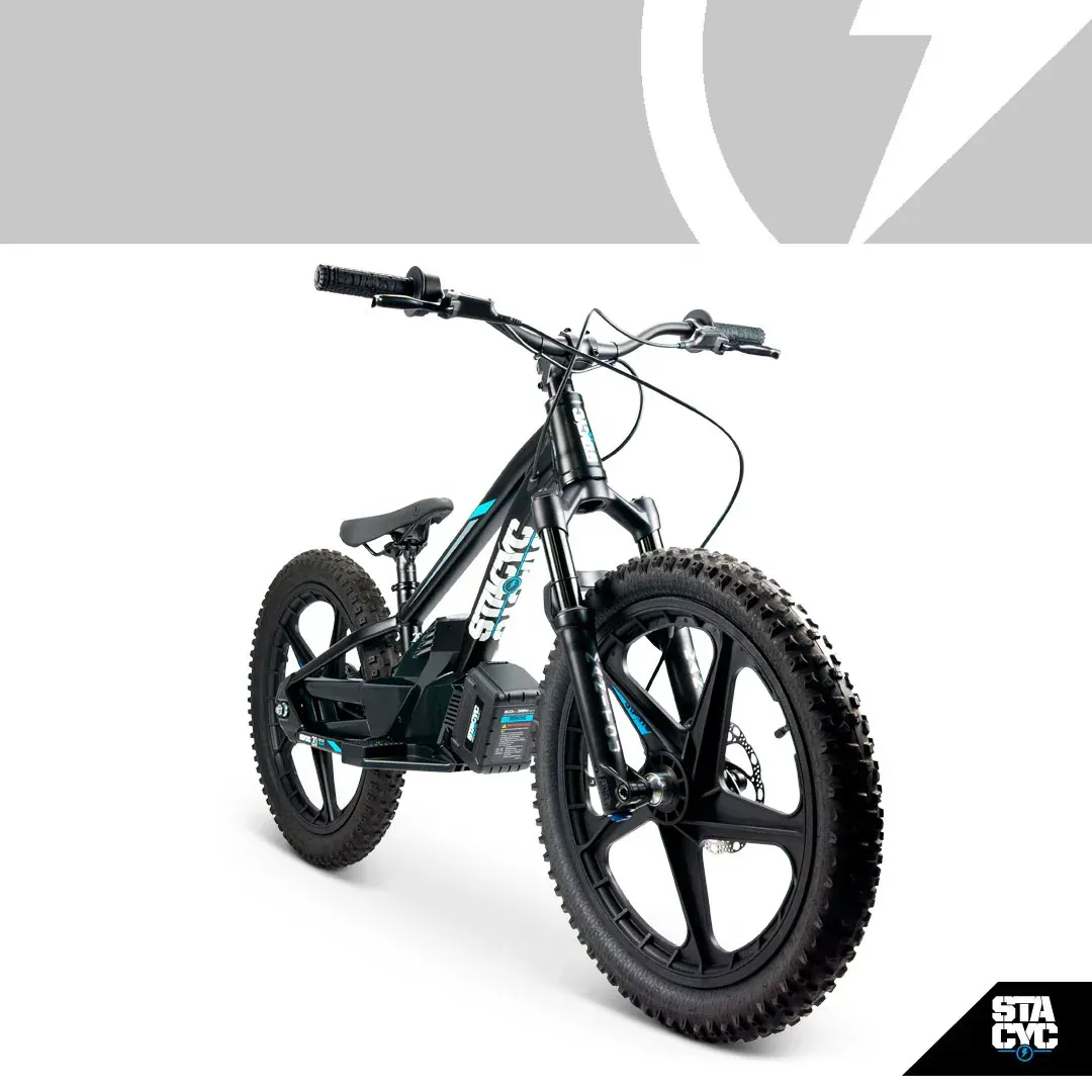 Black electric balance bike with blue accents, front view.