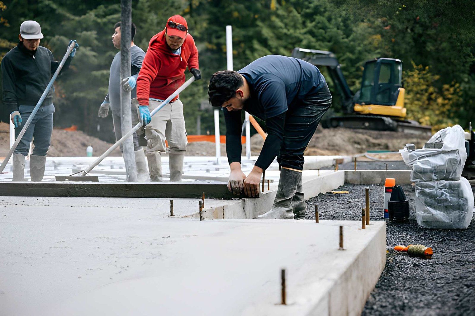 Workers smoothing concrete on a slab at a construction site, with a loader and gravel nearby.