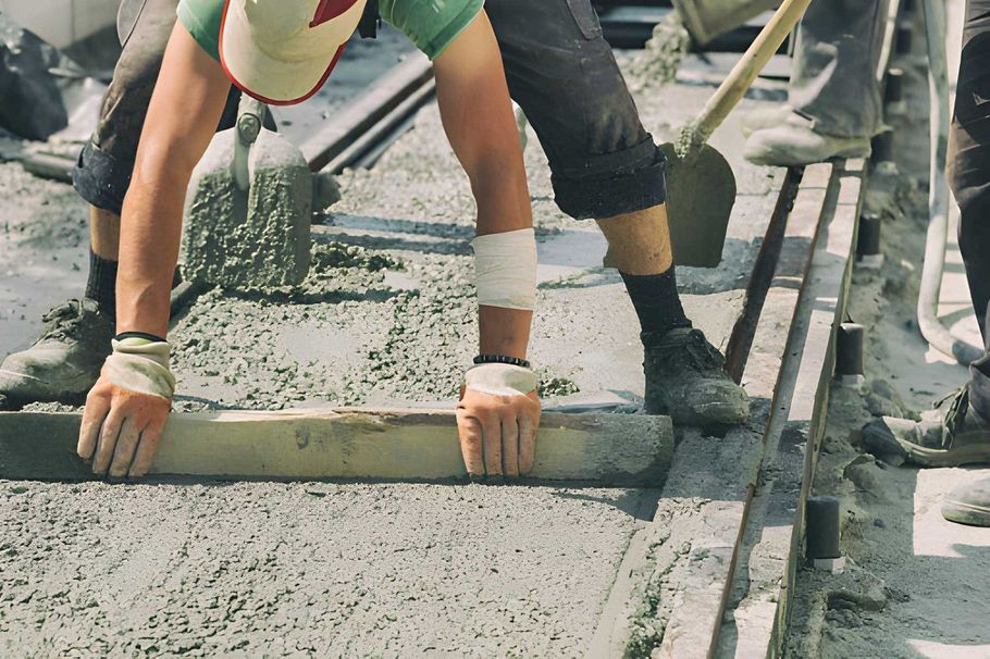 Workers smoothing wet concrete on a construction site with a screed board