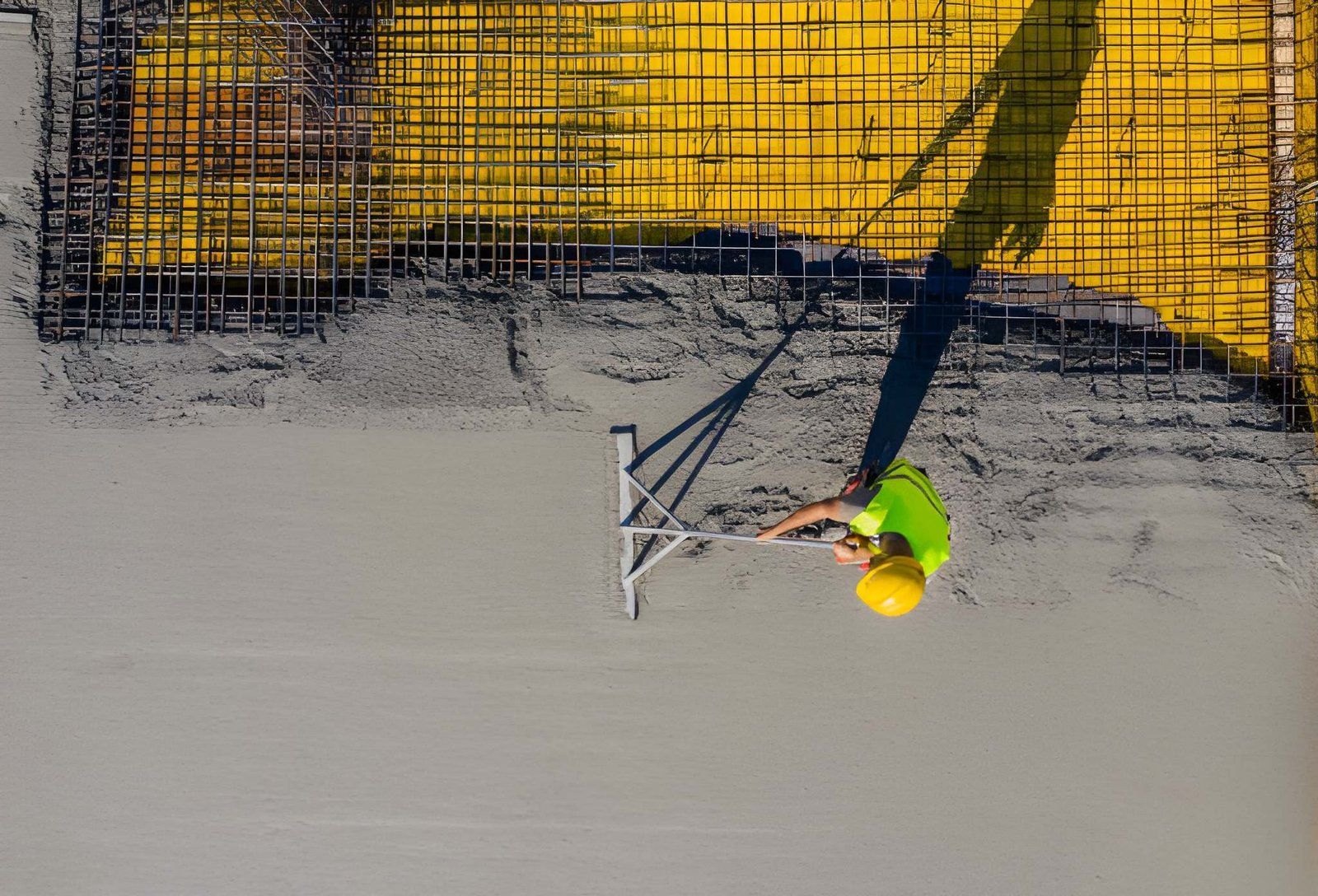 Worker in neon safety gear beside yellow fencing, seen from above on a gray surface.