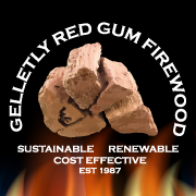 Gelletly Red Gum Firewood logo. Pile of red wood, black background, flames at bottom. Text: sustainable, renewable, cost effective.