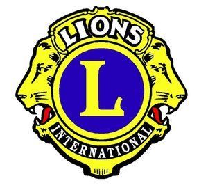 Lions Clubs International logo: yellow lion faces frame a blue circle with a yellow "L". "Lions International" is inscribed.
