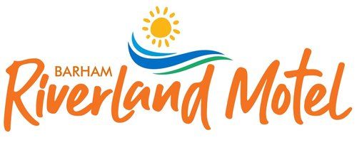 Logo for Barham Riverland Motel: orange script with waves, sun illustration.