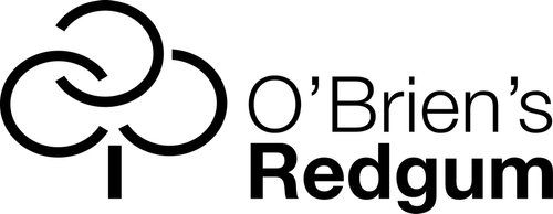 Logo of O'Brien's Redgum, featuring a stylized black tree icon with text.