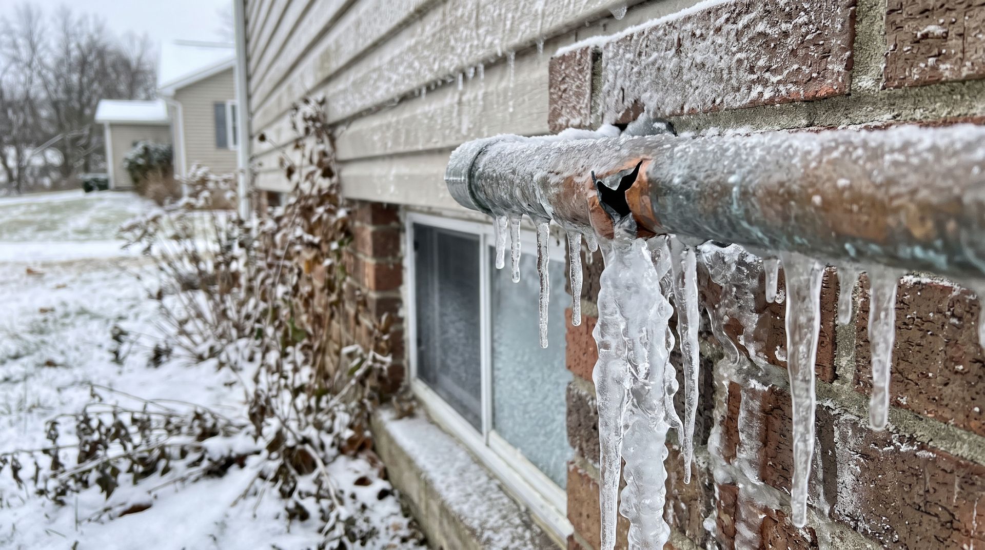 Icicles hanging from a rusty gutter beside a house in a snowy yard