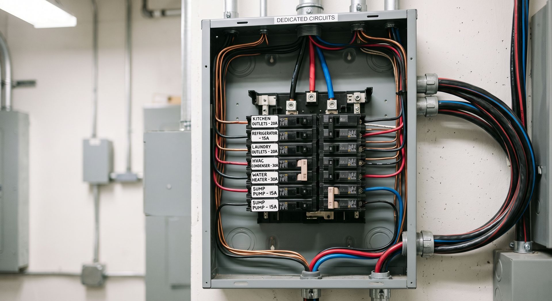 Open electrical breaker panel with colored wires in a utility room