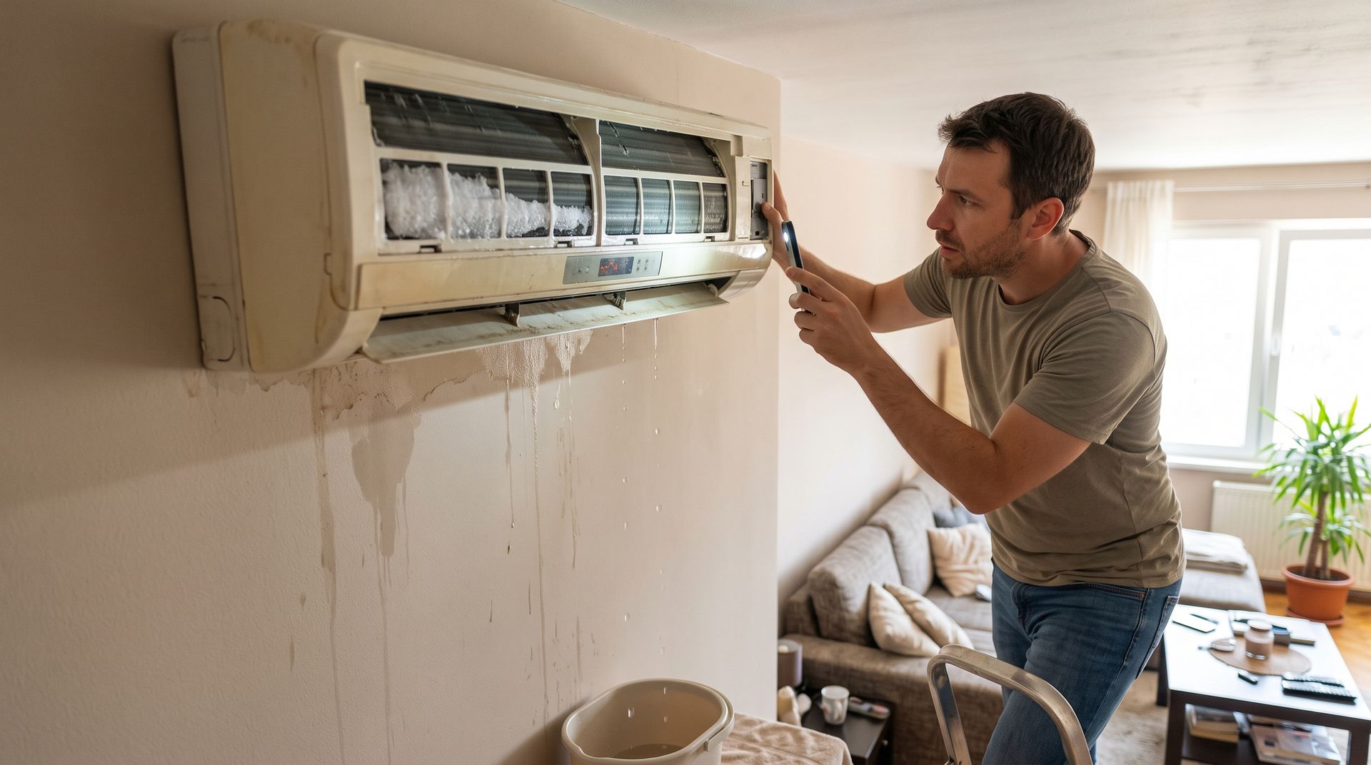 Man repairing a wall-mounted air conditioner in a living room, with tools and paint stains on the wall