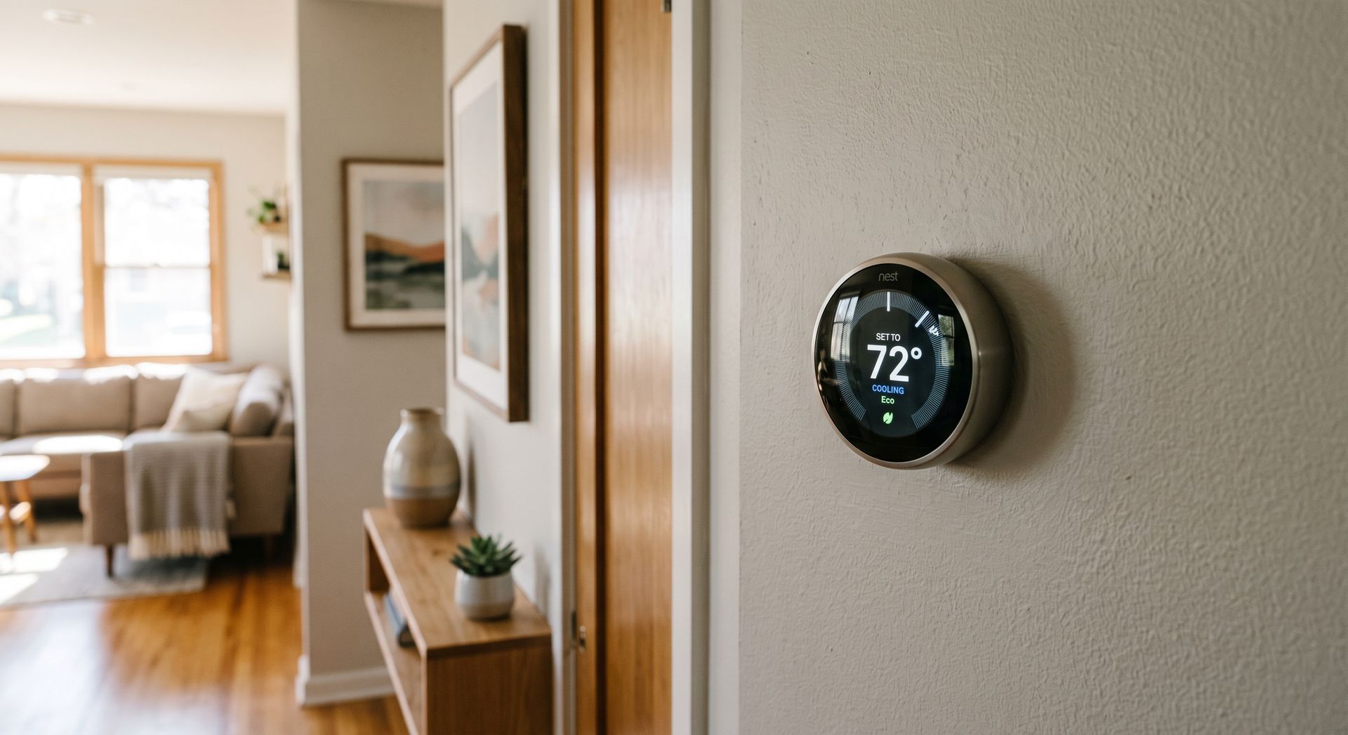 Hallway wall with a round thermostat displaying 72°F, leading to a bright living room.