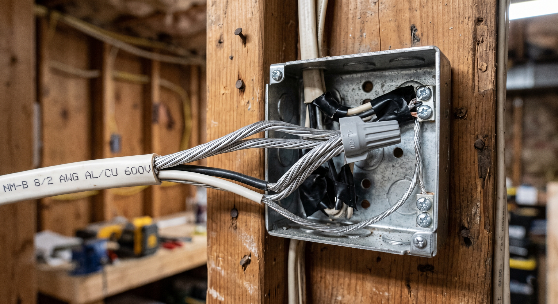 Exposed electrical outlet box with wires on a wooden wall during construction