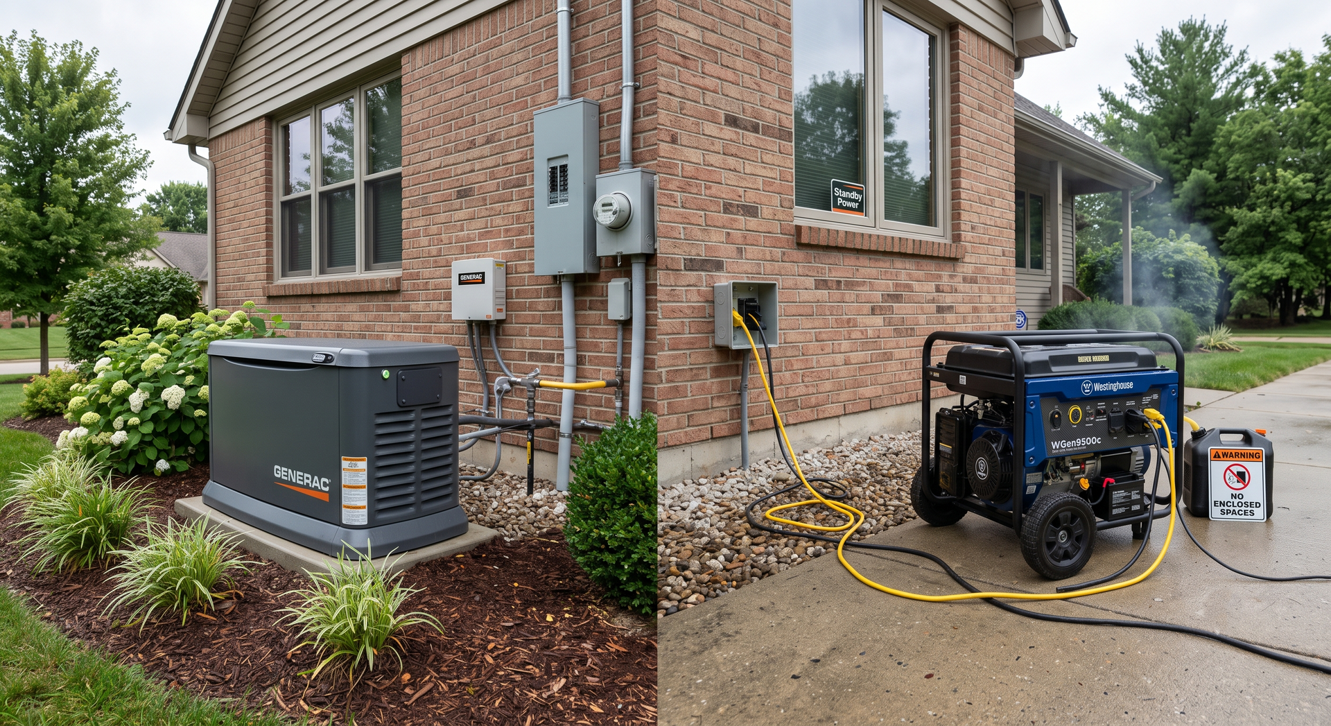 Brick house with outdoor generator and utility equipment beside a wet driveway, with hoses connected.