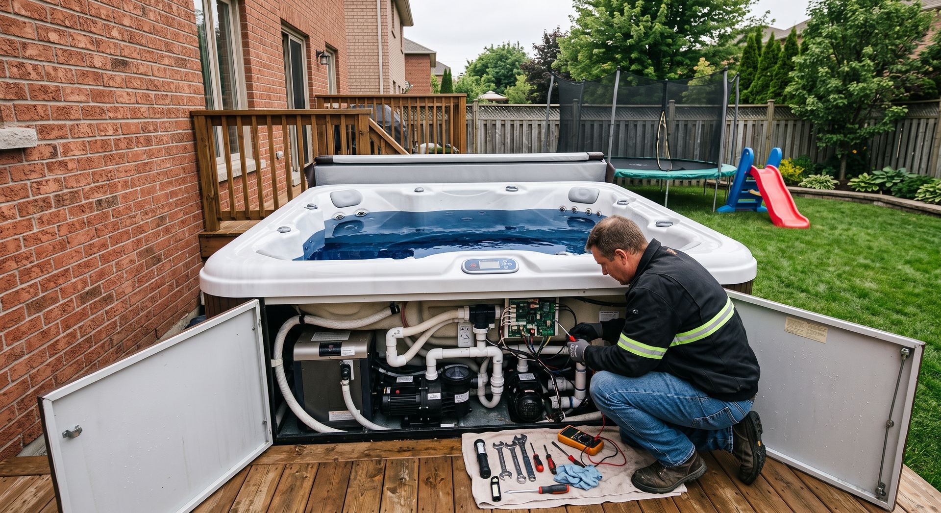 Technician inspecting open hot tub equipment on a backyard deck beside a brick house