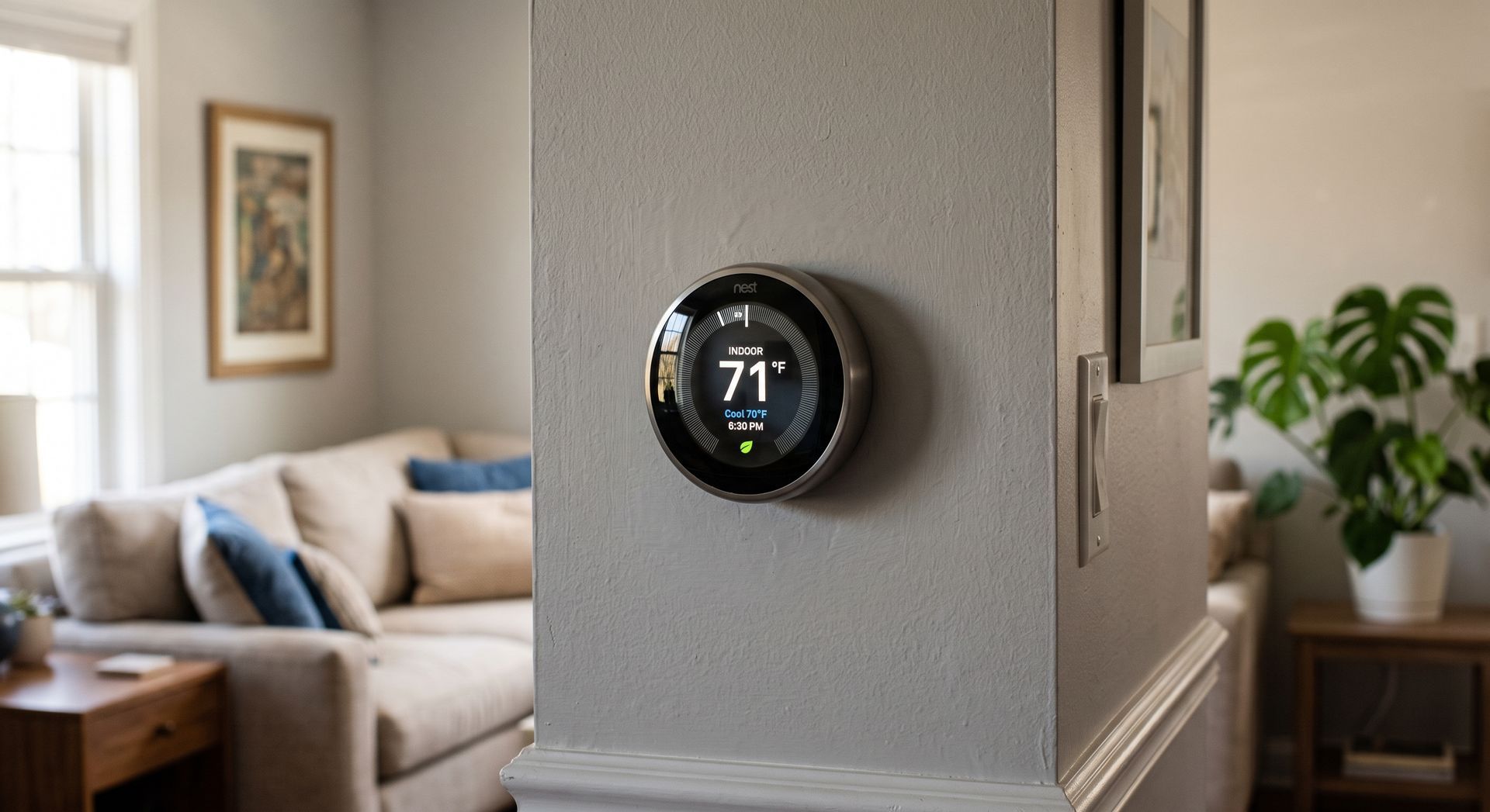 Wall-mounted round smart thermostat on a gray wall, with a living room and plant in the background