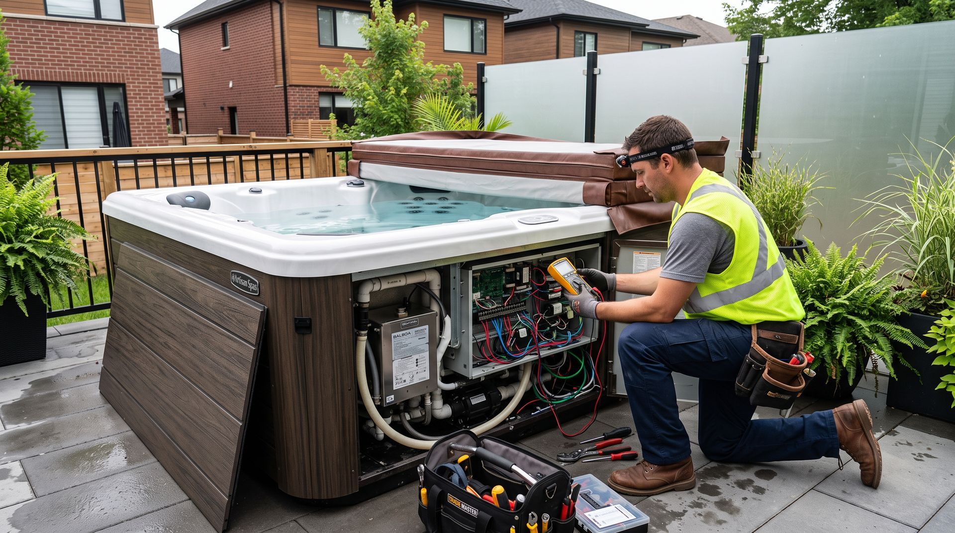 Technician kneels beside an open hot tub, inspecting exposed wiring in a backyard.