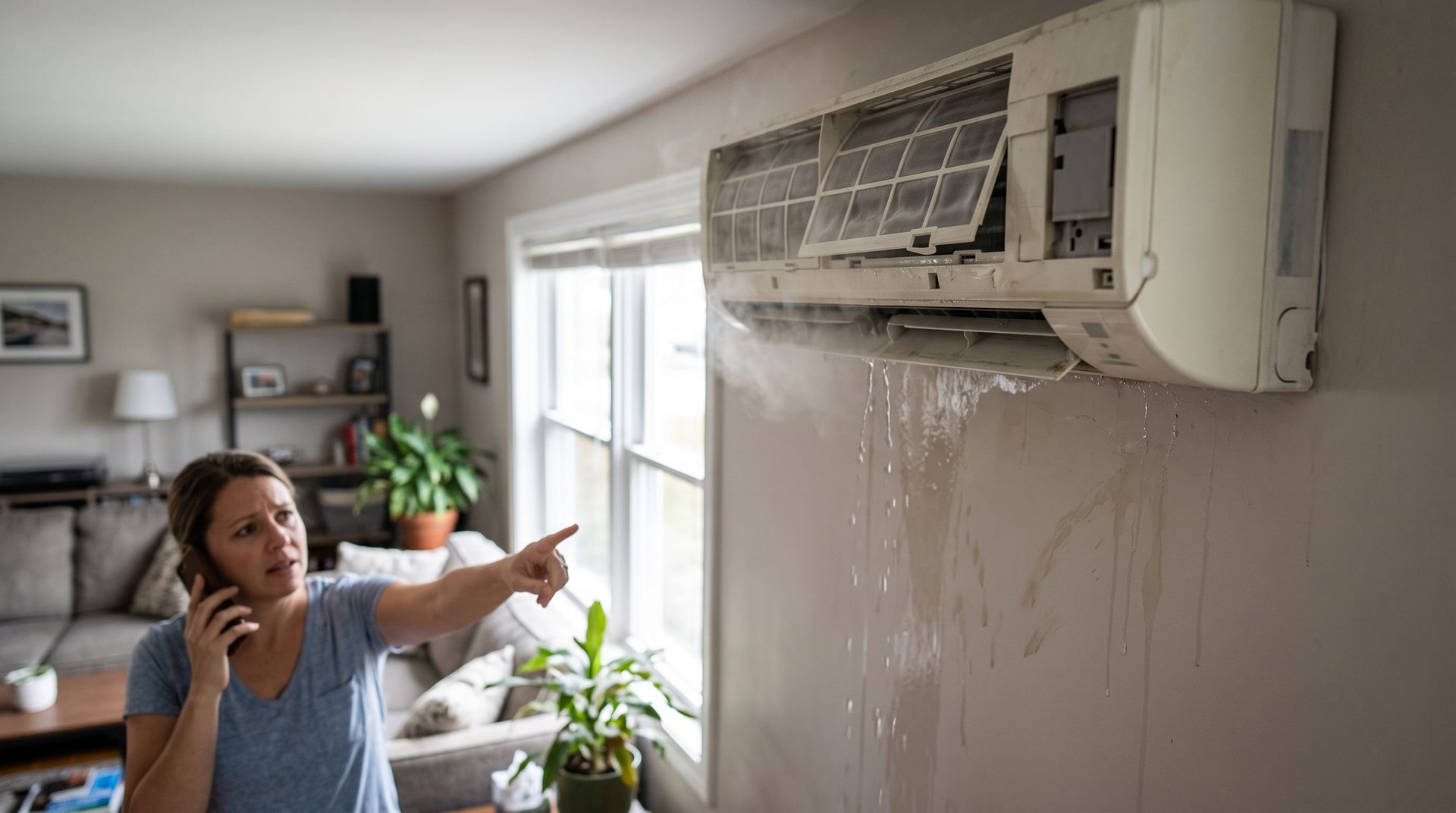 Person looking at leaking wall AC unit in a living room