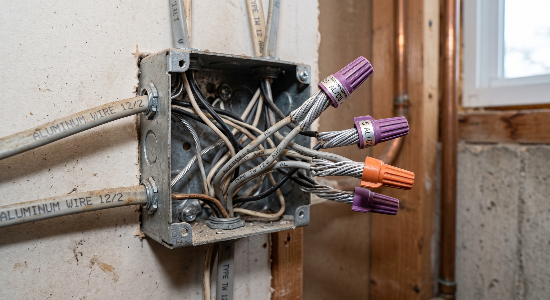 Exposed electrical box with tangled wires and wire nuts in an unfinished wall near a window.