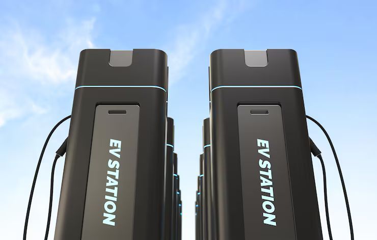 Electric vehicle charging stations against a blue sky.