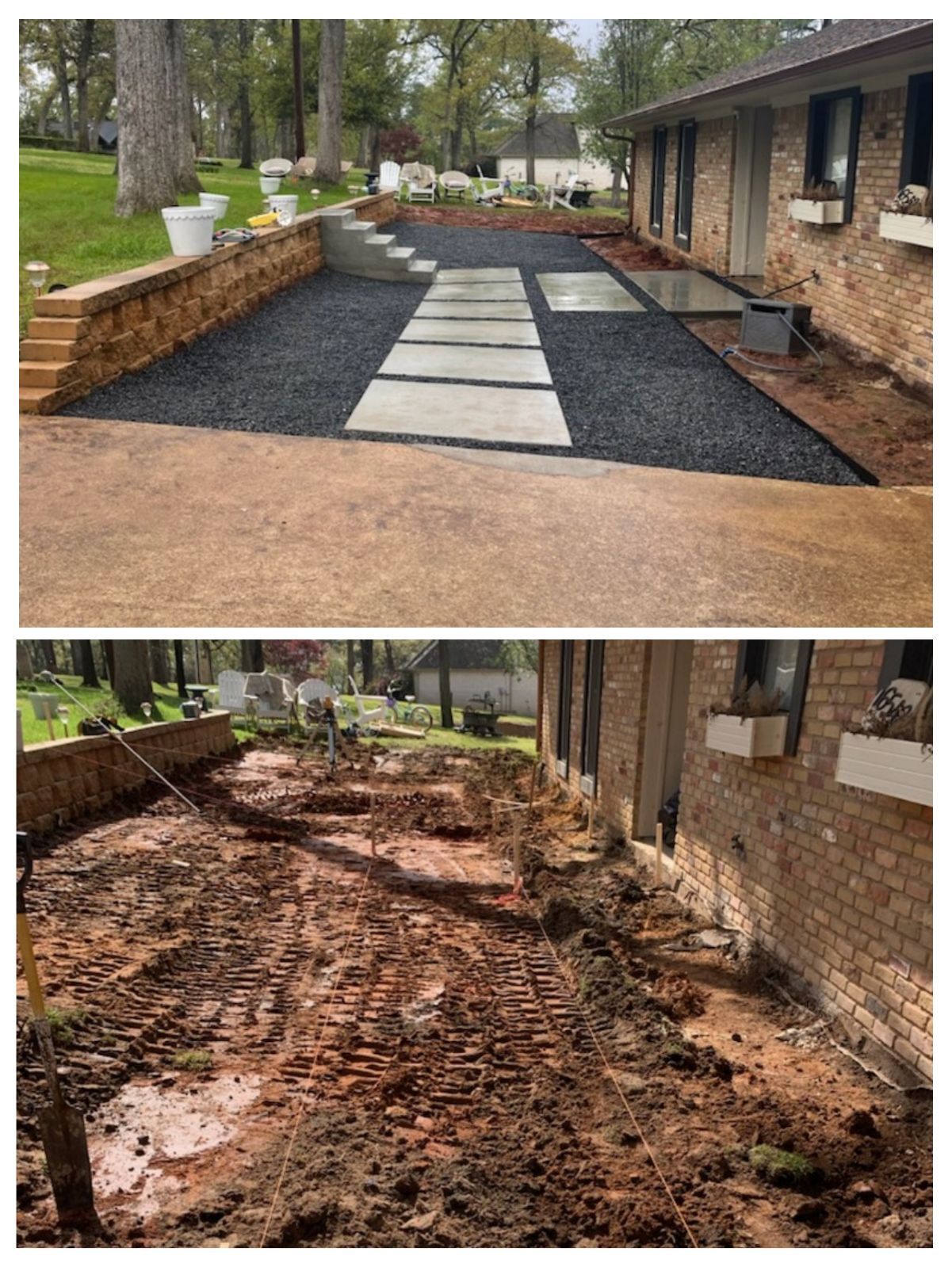 A before and after picture of a driveway and patio.