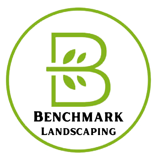 A green outlined circle containing a letter "B" stylized with three leaves, above the text "BENCHMARK LANDSCAPING."