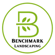 A green outlined circle containing a letter "B" stylized with three leaves, above the text "BENCHMARK LANDSCAPING."