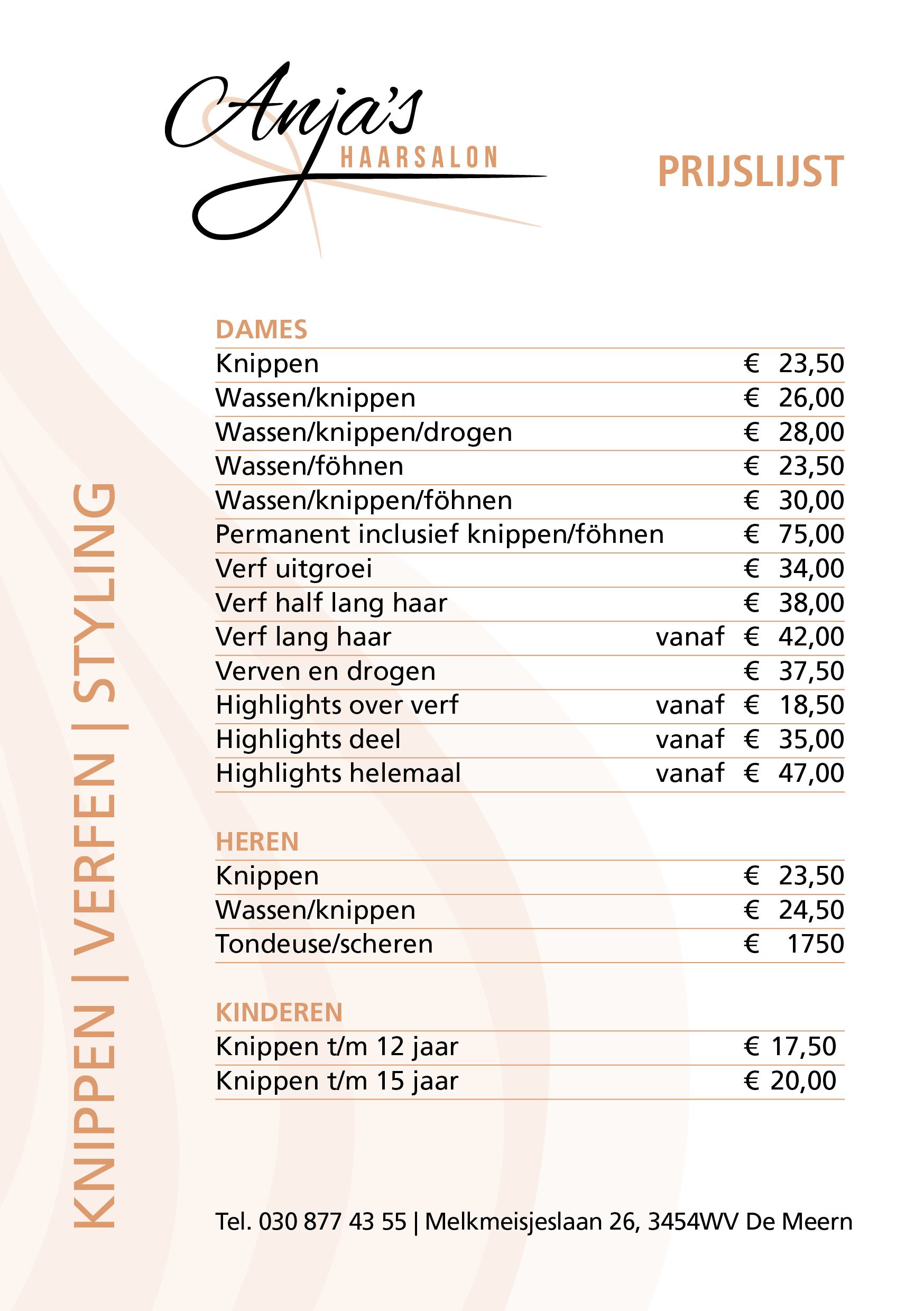 Prijslijst Anja's haarsalon