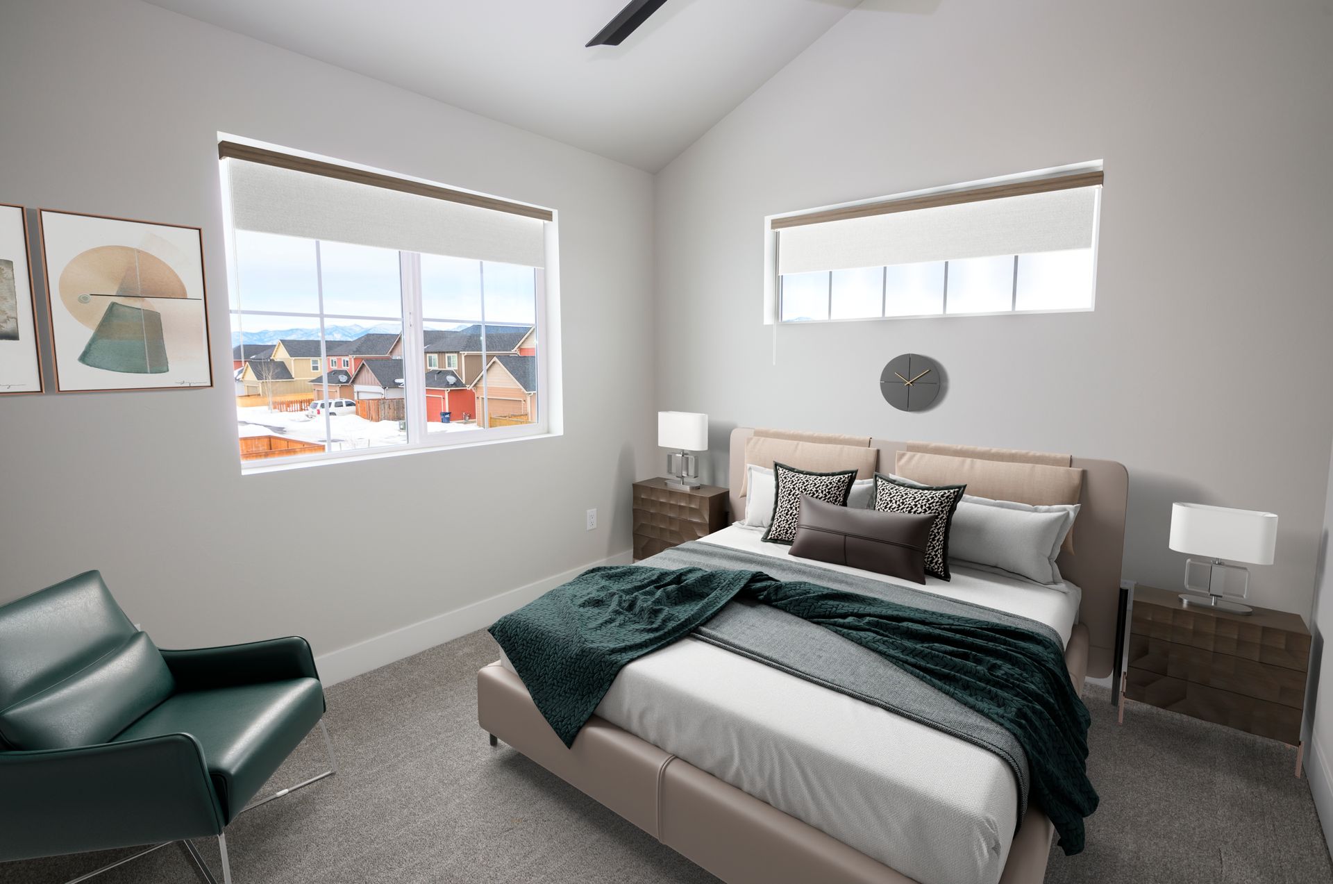 Bright bedroom at The Grange apartments with large windows and a clean, modern design.