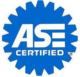 Blue ASE Certified logo with white text inside a gear shape