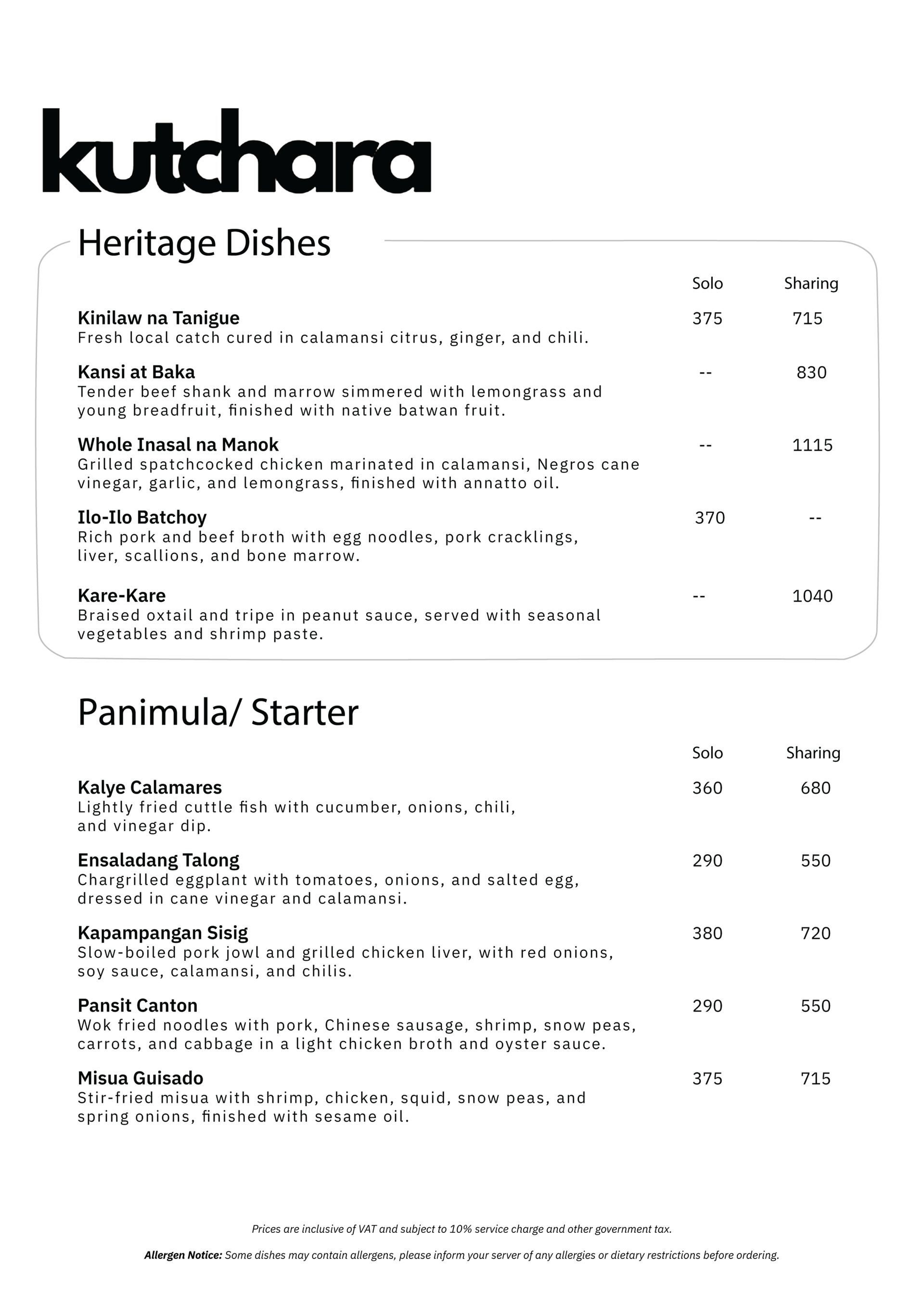 Kutchara Menu