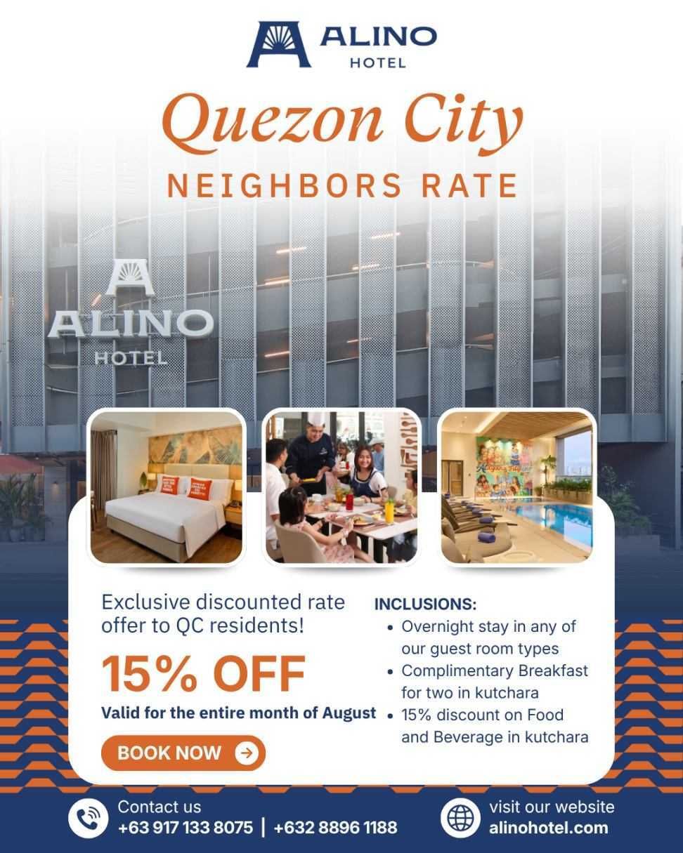 Alino Hotel Quezon City Neighbors Rate promotional flyer offering 15% off for QC residents