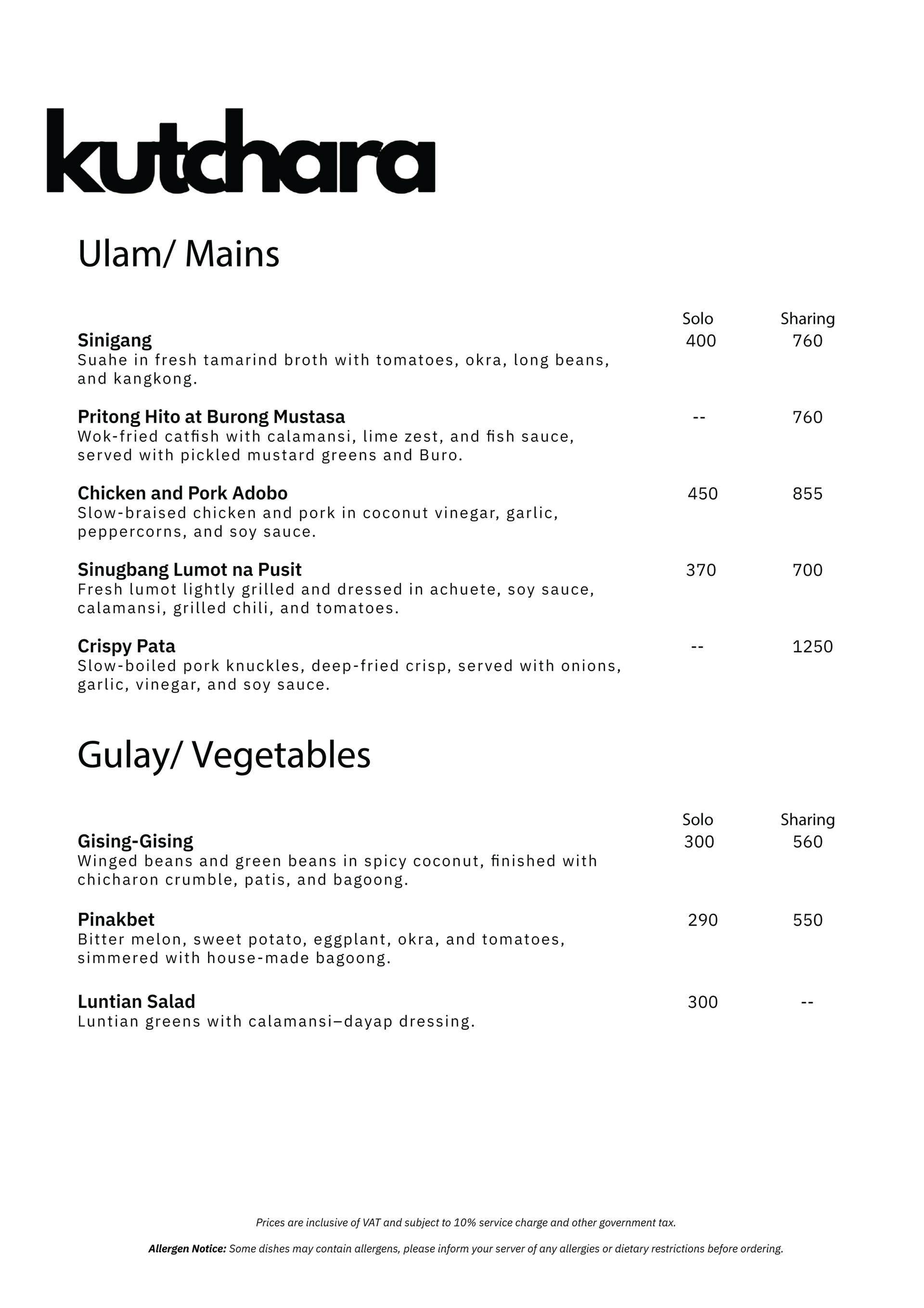 Kutchara Menu