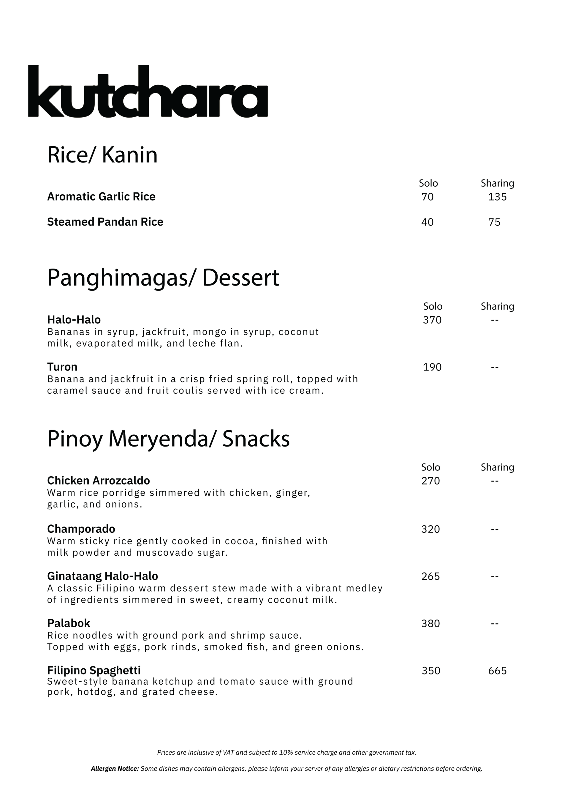 Kutchara Menu
