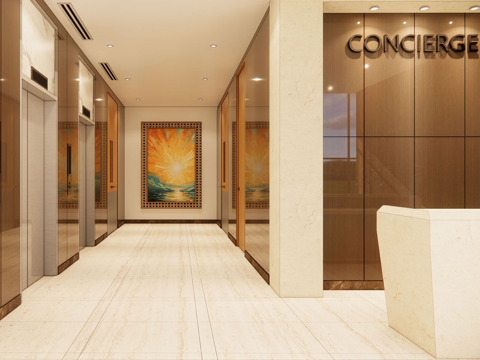 Modern hotel lobby hallway with beige marble floors, elevator doors, and a concierge desk sign