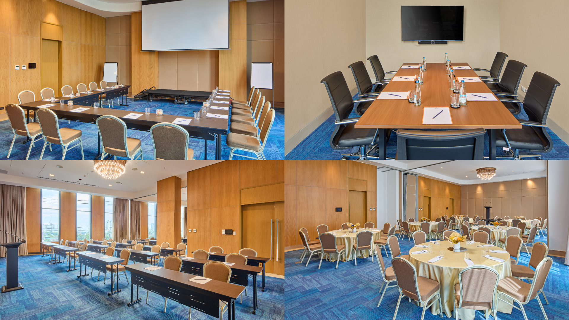 Collage of hotel conference and banquet rooms with tables, chairs, and projector screens