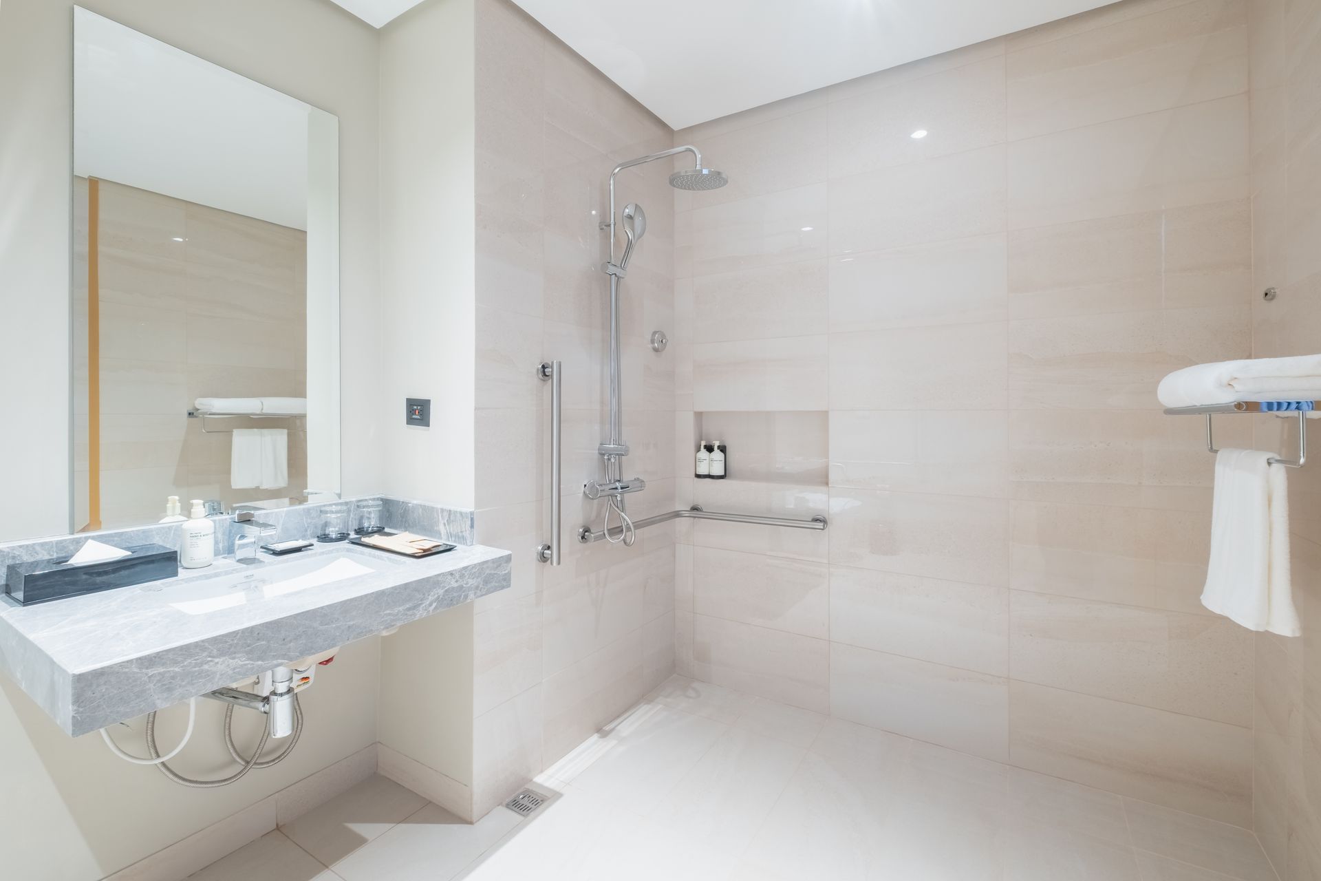 Accessible bathroom with a roll-in shower, grab bars, and a wall-mounted sink. Neutral tones.