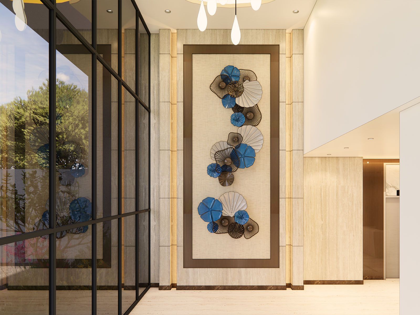 Modern lobby with a tall abstract blue and black wall sculpture on a cream paneled wall.