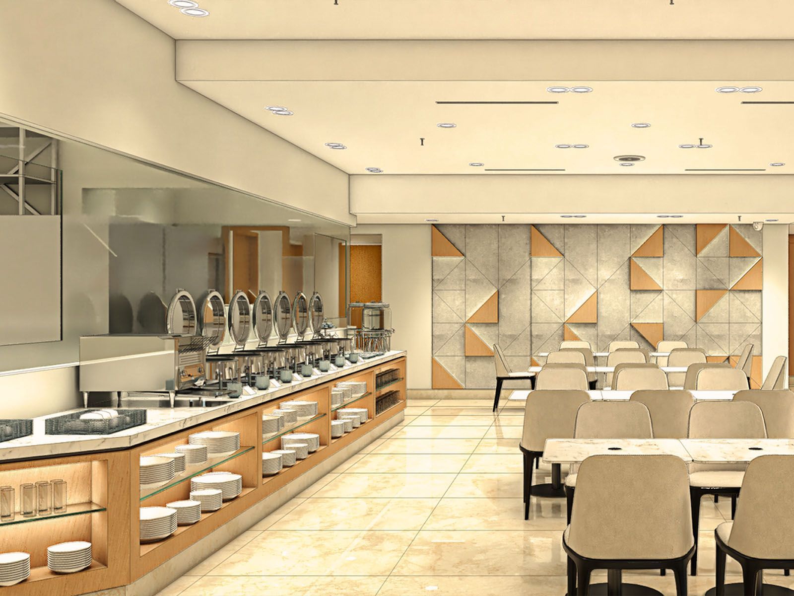 Buffet dining area with food stations, tables, chairs, and geometric wall design.