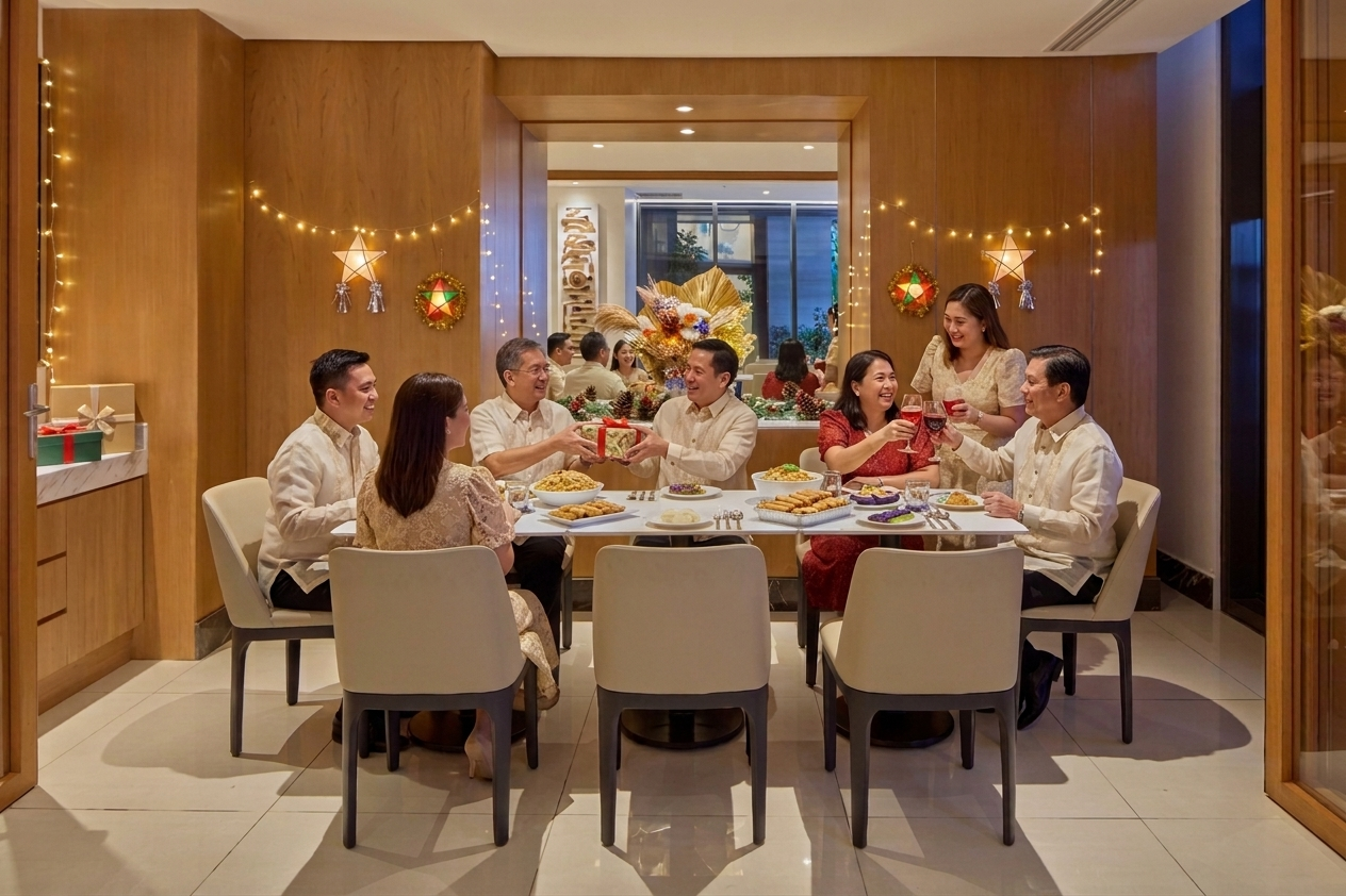 Family sharing a Noche Buena feast in a private dining room at Alino Hotel