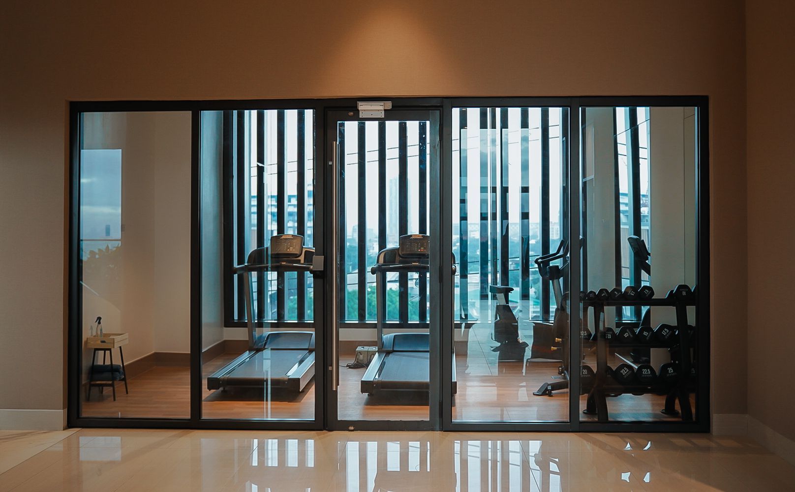 Gym with glass walls, showcasing exercise equipment: treadmills, weights, and stationary bike. ]