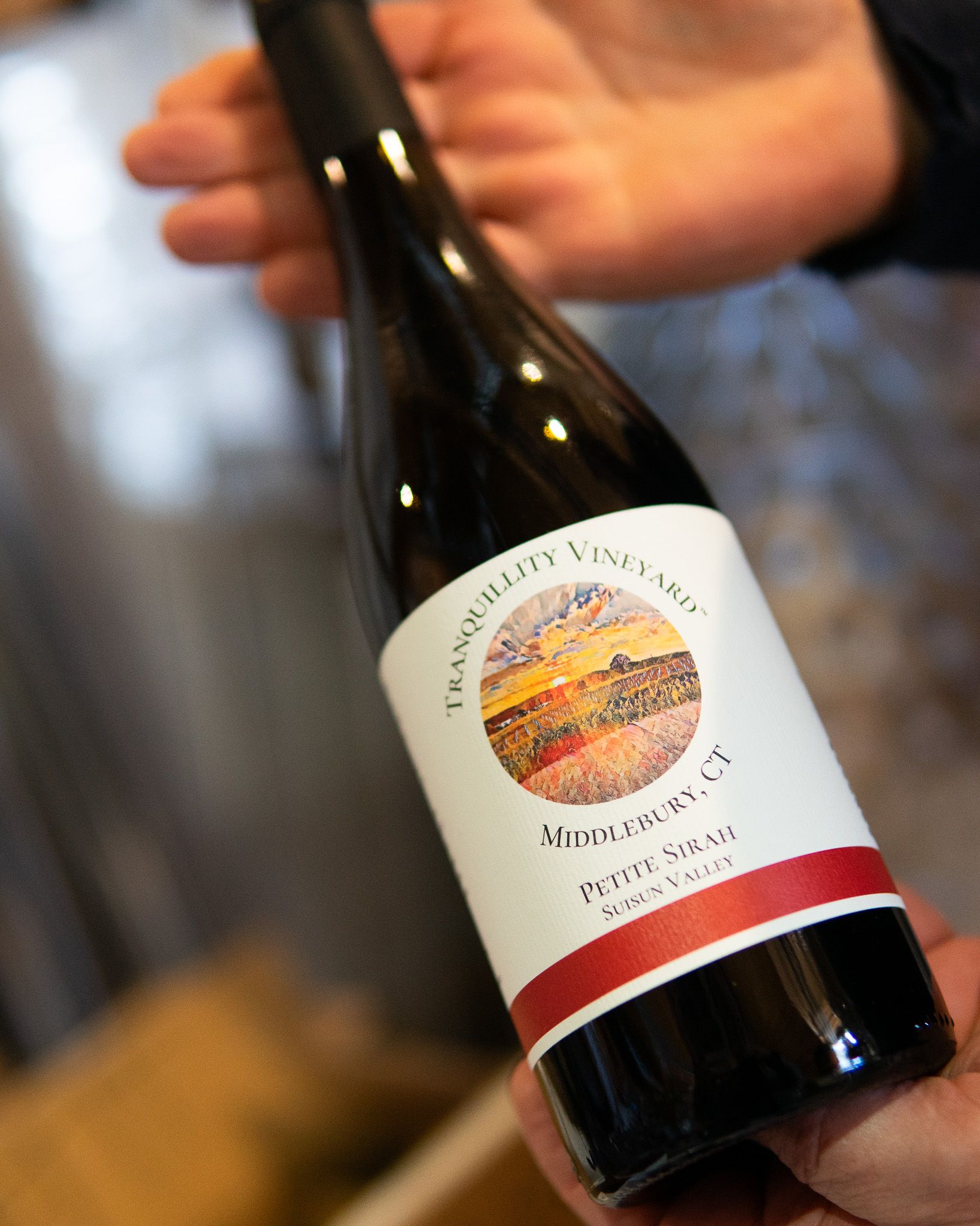 A person is holding a bottle of wine in their hand