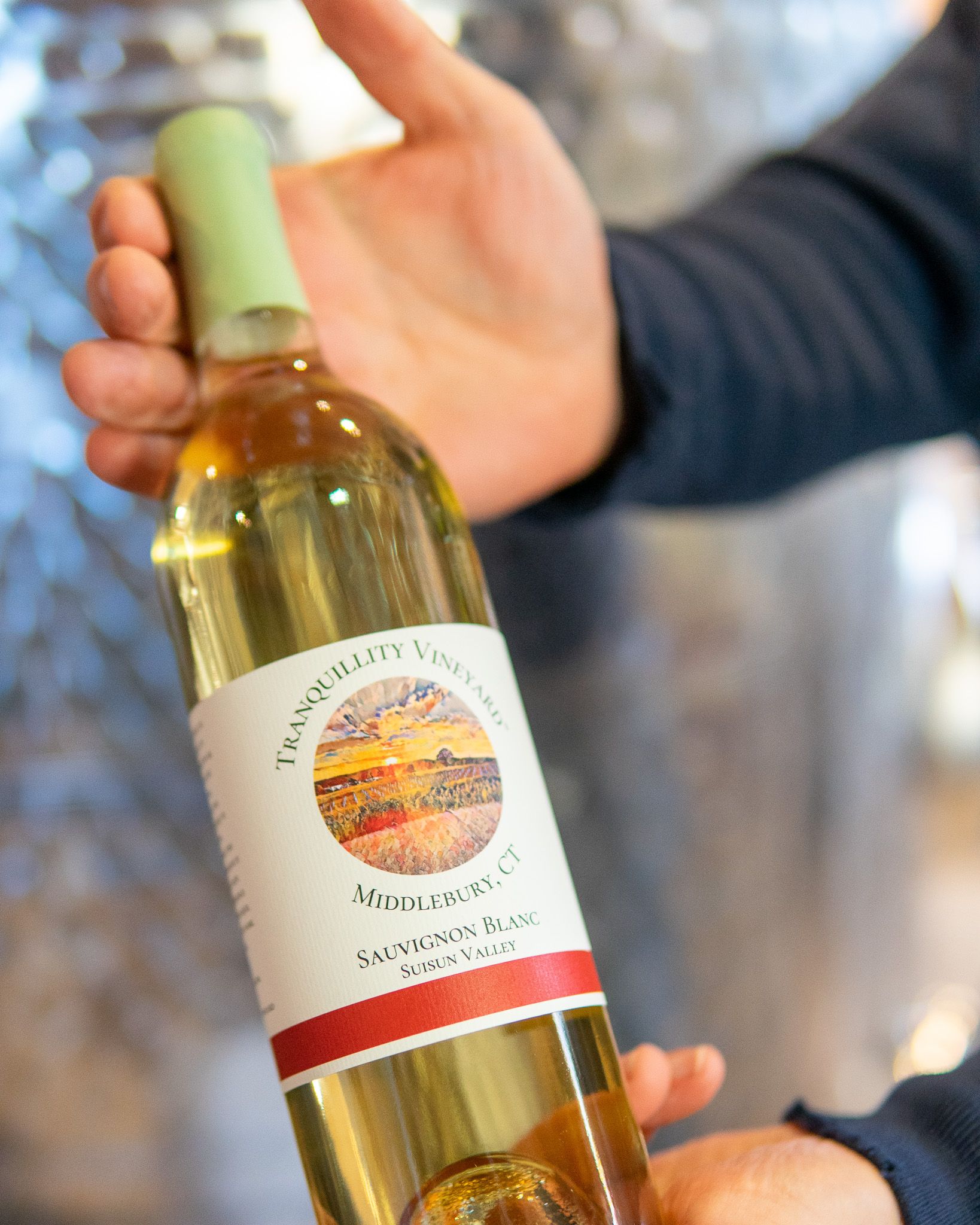 A person is holding a bottle of wine in their hand