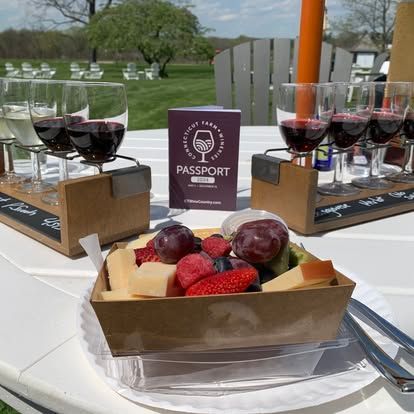 Wine tasting tray with red wine glasses and a dessert cup topped with berries, outdoors at a vineyard