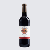 Bottle of red wine with a white label on a light background