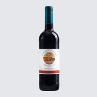 Dark wine bottle with teal foil and a white label on a light gray background